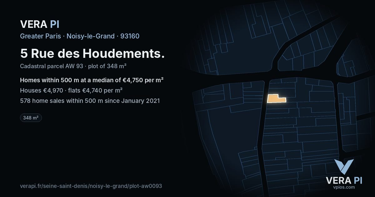5 Rue des Houdements, Noisy-le-Grand at night – the plot lit, the parcels around coloured by the prices near them