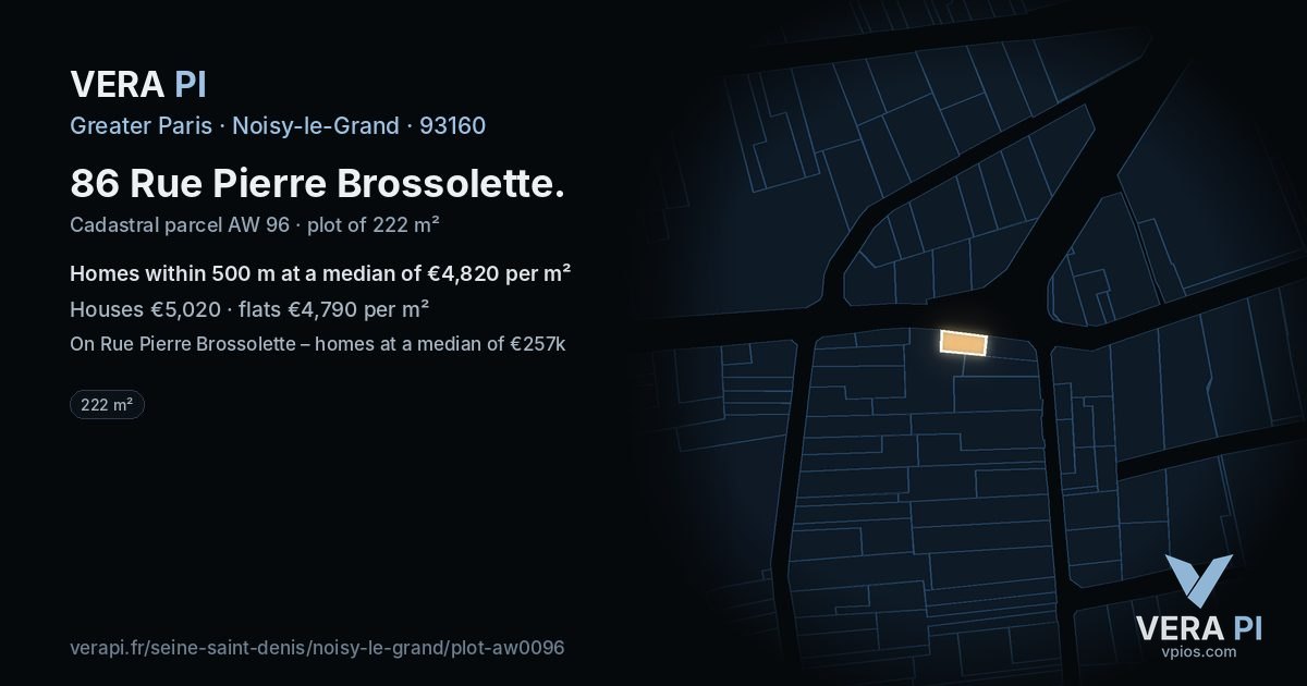86 Rue Pierre Brossolette, Noisy-le-Grand at night – the plot lit, the parcels around coloured by the prices near them