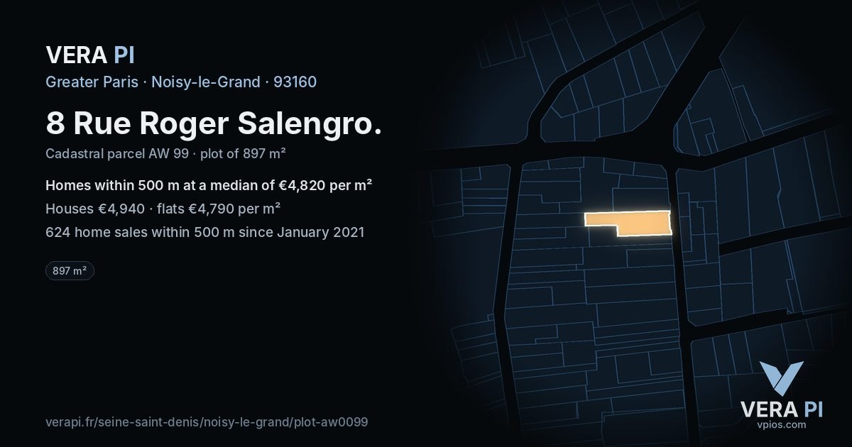 8 Rue Roger Salengro, Noisy-le-Grand at night – the plot lit, the parcels around coloured by the prices near them