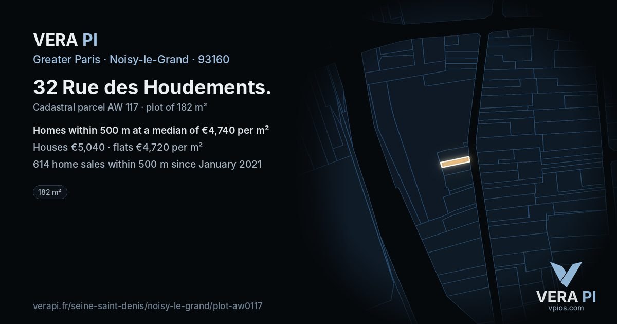 32 Rue des Houdements, Noisy-le-Grand at night – the plot lit, the parcels around coloured by the prices near them