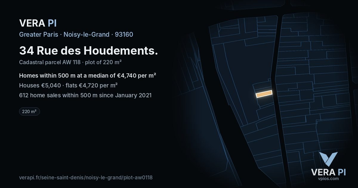 34 Rue des Houdements, Noisy-le-Grand at night – the plot lit, the parcels around coloured by the prices near them