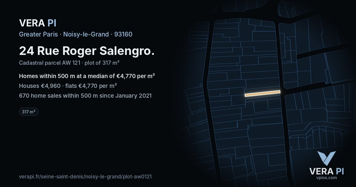 24 Rue Roger Salengro, Noisy-le-Grand at night – the plot lit, the parcels around coloured by the prices near them