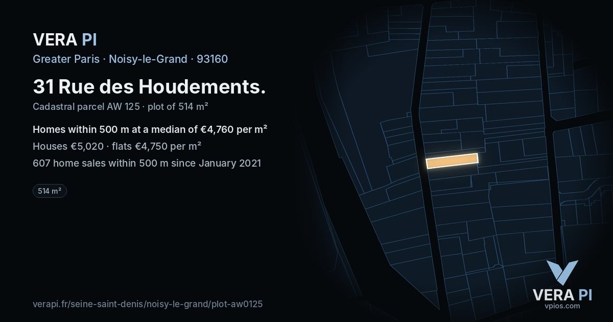 31 Rue des Houdements, Noisy-le-Grand at night – the plot lit, the parcels around coloured by the prices near them