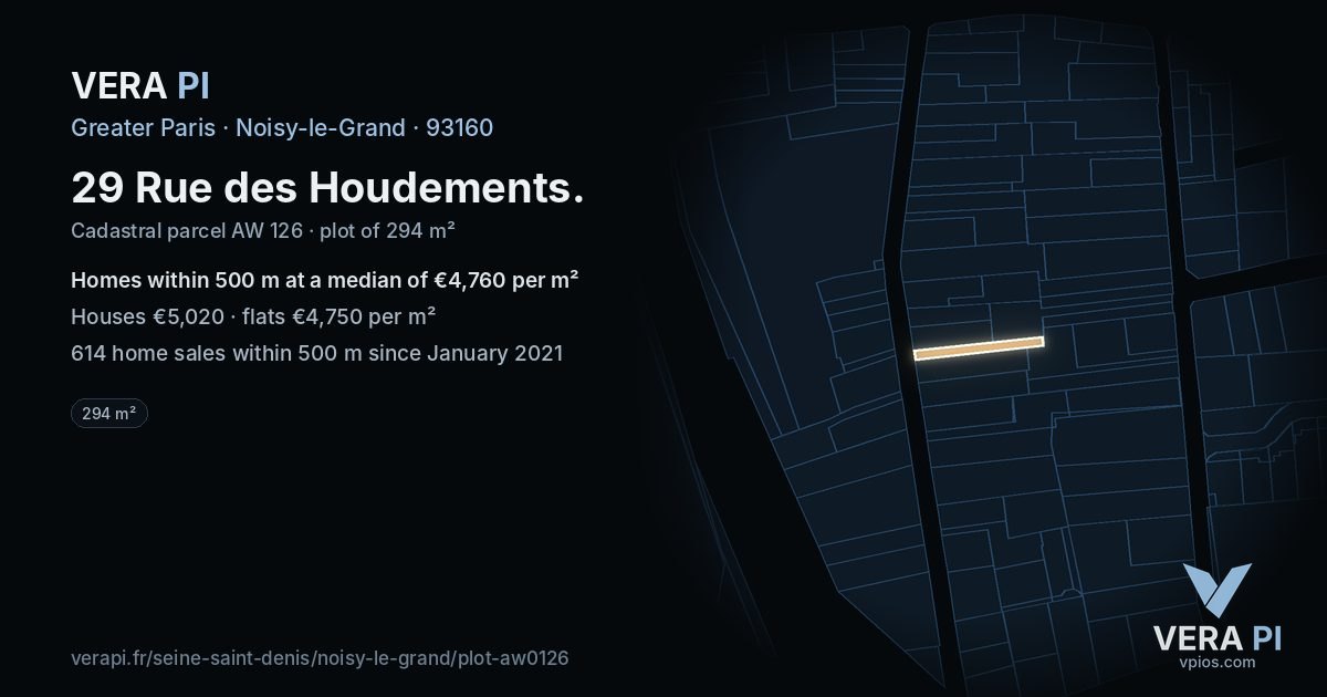 29 Rue des Houdements, Noisy-le-Grand at night – the plot lit, the parcels around coloured by the prices near them