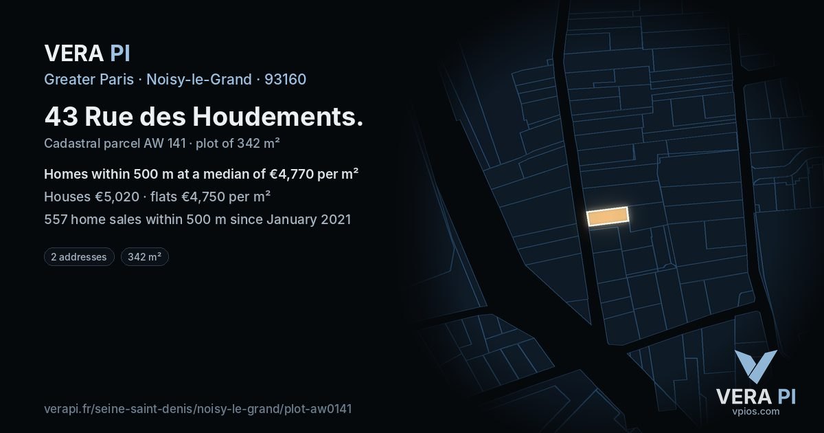 43 Rue des Houdements, Noisy-le-Grand at night – the plot lit, the parcels around coloured by the prices near them