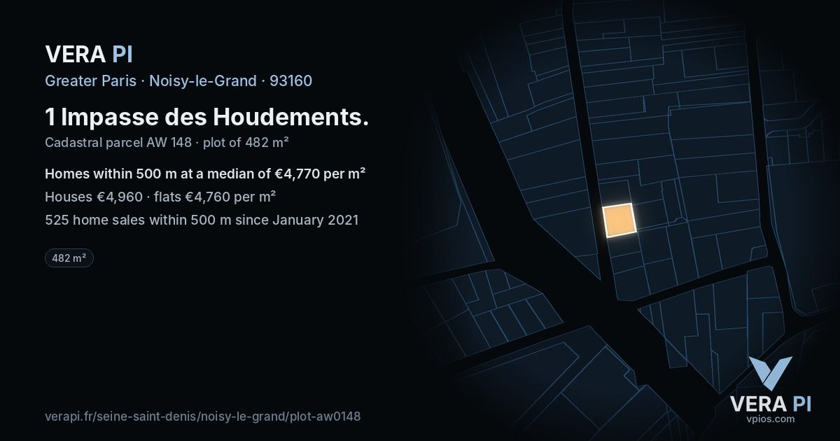 1 Impasse des Houdements, Noisy-le-Grand at night – the plot lit, the parcels around coloured by the prices near them