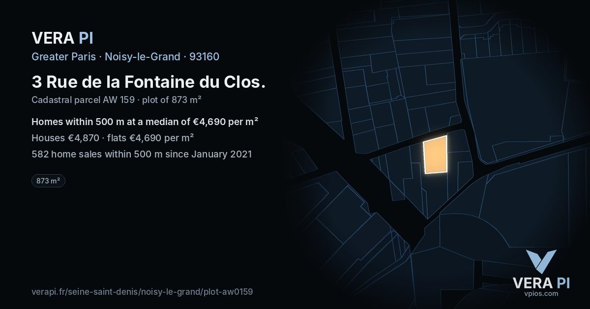 3 Rue de la Fontaine du Clos, Noisy-le-Grand at night – the plot lit, the parcels around coloured by the prices near them