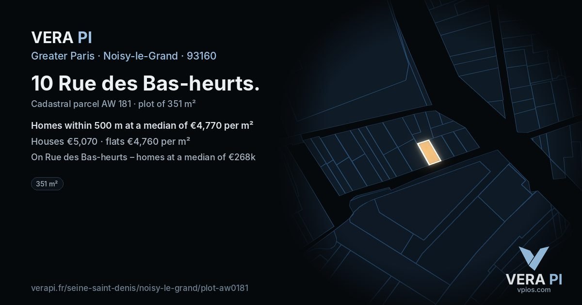10 Rue des Bas-heurts, Noisy-le-Grand at night – the plot lit, the parcels around coloured by the prices near them