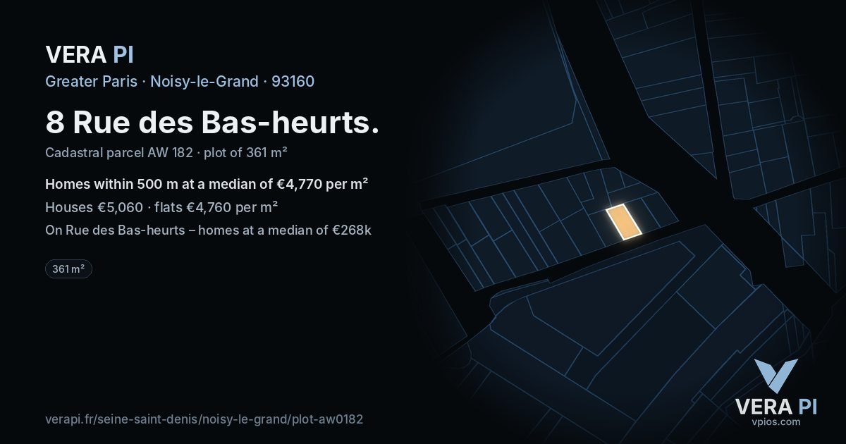8 Rue des Bas-heurts, Noisy-le-Grand at night – the plot lit, the parcels around coloured by the prices near them