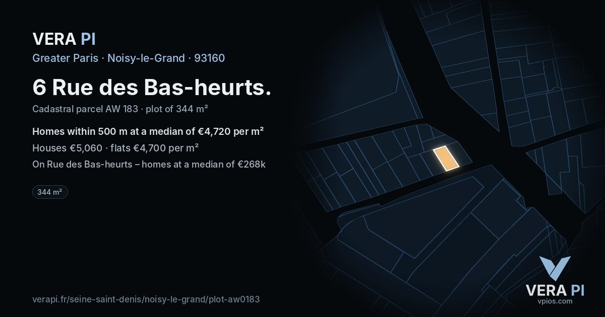 6 Rue des Bas-heurts, Noisy-le-Grand at night – the plot lit, the parcels around coloured by the prices near them