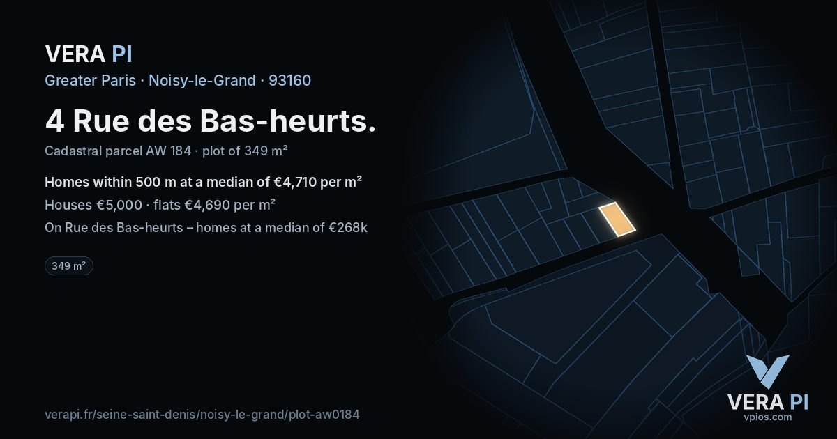 4 Rue des Bas-heurts, Noisy-le-Grand at night – the plot lit, the parcels around coloured by the prices near them