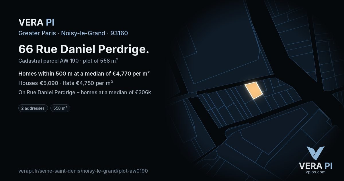 66 Rue Daniel Perdrige, Noisy-le-Grand at night – the plot lit, the parcels around coloured by the prices near them