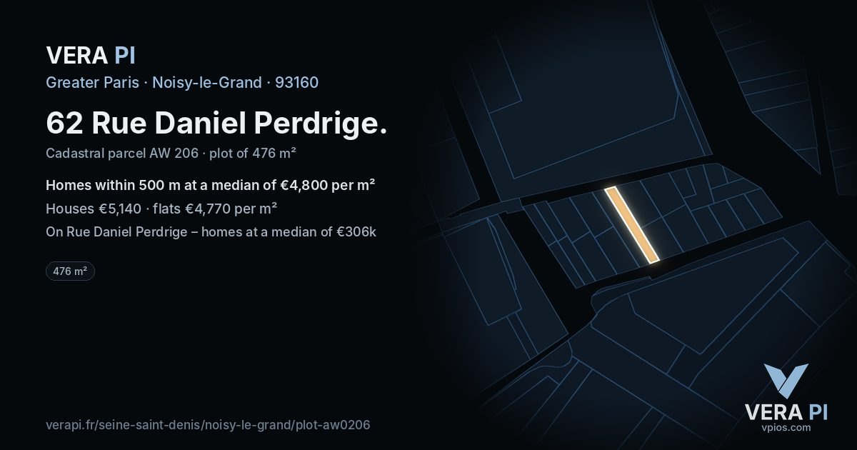 62 Rue Daniel Perdrige, Noisy-le-Grand at night – the plot lit, the parcels around coloured by the prices near them