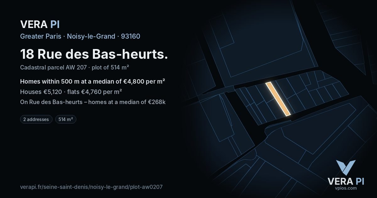 18 Rue des Bas-heurts, Noisy-le-Grand at night – the plot lit, the parcels around coloured by the prices near them