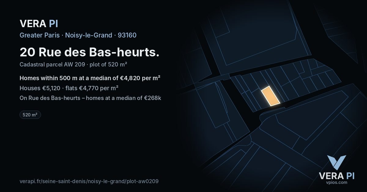 20 Rue des Bas-heurts, Noisy-le-Grand at night – the plot lit, the parcels around coloured by the prices near them