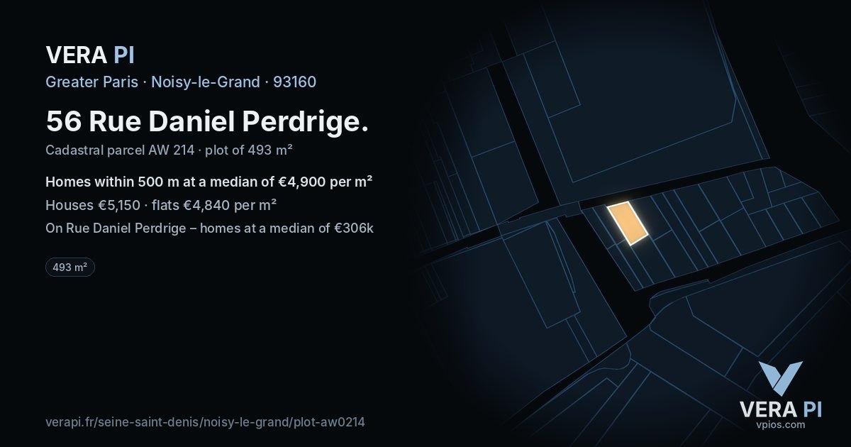 56 Rue Daniel Perdrige, Noisy-le-Grand at night – the plot lit, the parcels around coloured by the prices near them