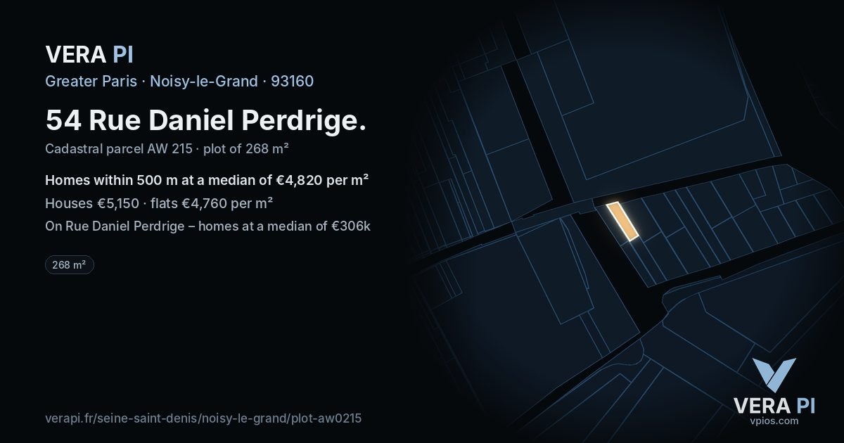 54 Rue Daniel Perdrige, Noisy-le-Grand at night – the plot lit, the parcels around coloured by the prices near them