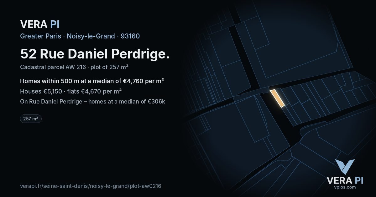 52 Rue Daniel Perdrige, Noisy-le-Grand at night – the plot lit, the parcels around coloured by the prices near them