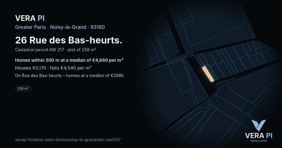 26 Rue des Bas-heurts, Noisy-le-Grand at night – the plot lit, the parcels around coloured by the prices near them