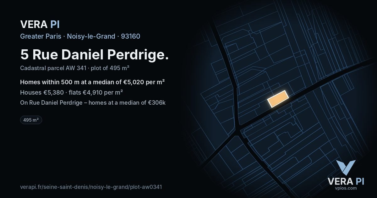 5 Rue Daniel Perdrige, Noisy-le-Grand at night – the plot lit, the parcels around coloured by the prices near them
