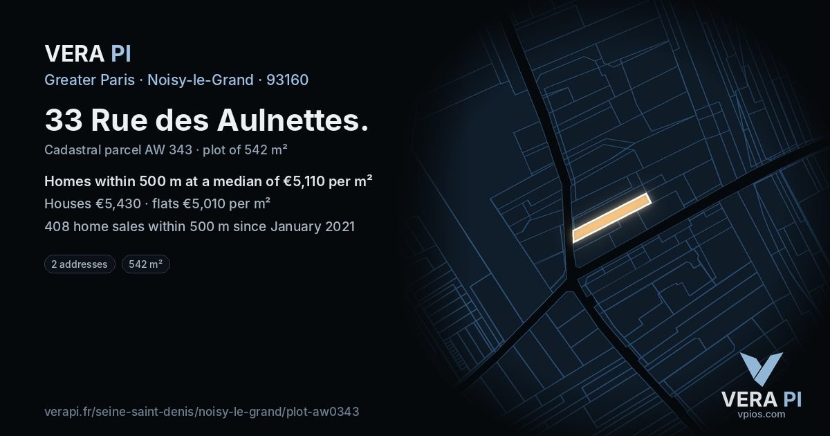 33 Rue des Aulnettes, Noisy-le-Grand at night – the plot lit, the parcels around coloured by the prices near them