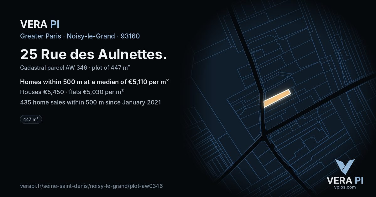 25 Rue des Aulnettes, Noisy-le-Grand at night – the plot lit, the parcels around coloured by the prices near them