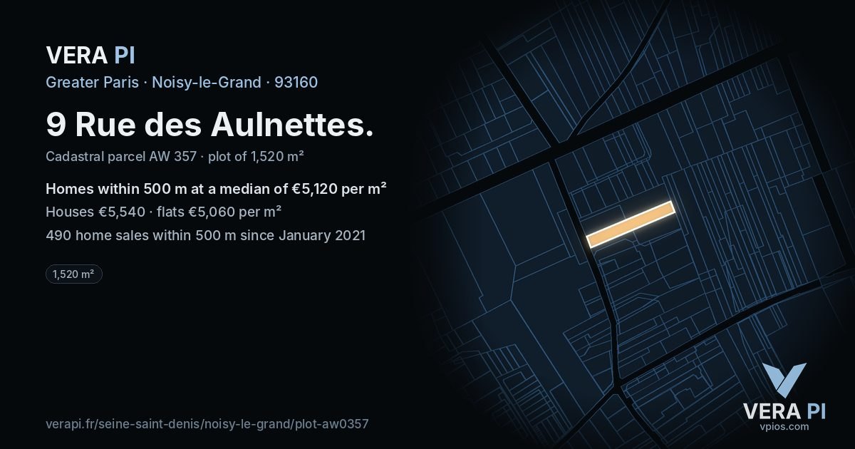 9 Rue des Aulnettes, Noisy-le-Grand at night – the plot lit, the parcels around coloured by the prices near them