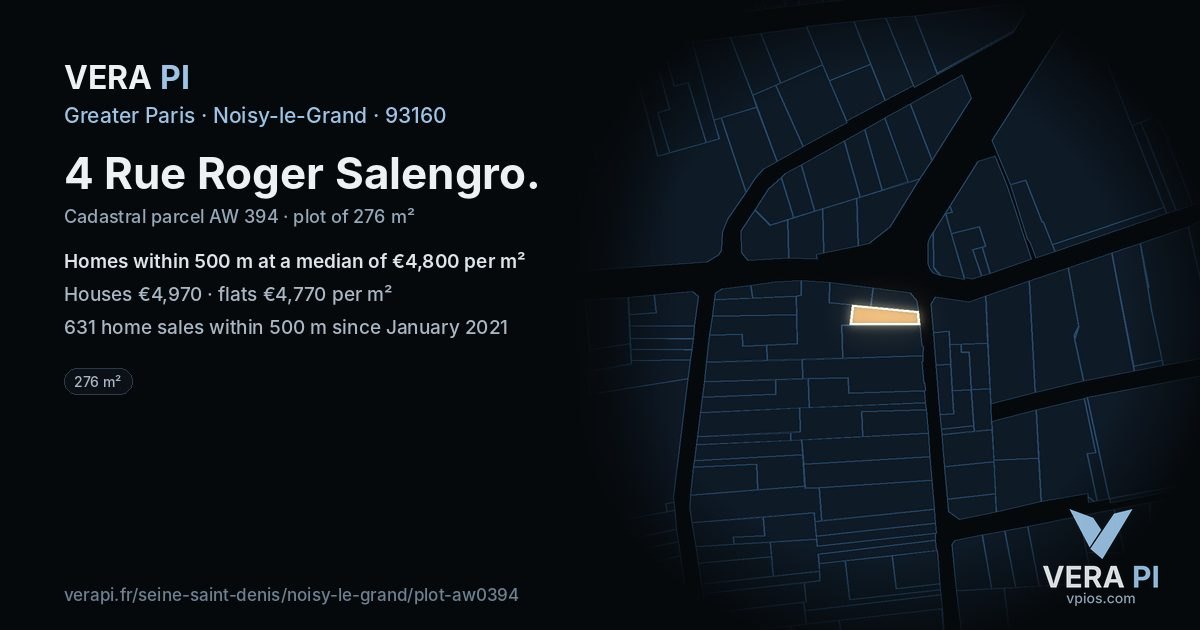 4 Rue Roger Salengro, Noisy-le-Grand at night – the plot lit, the parcels around coloured by the prices near them