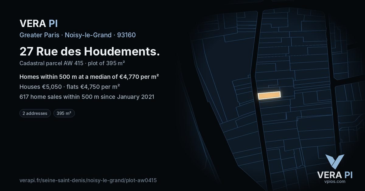 27 Rue des Houdements, Noisy-le-Grand at night – the plot lit, the parcels around coloured by the prices near them