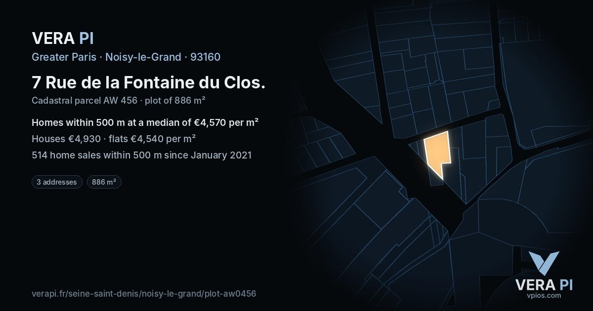 7 Rue de la Fontaine du Clos, Noisy-le-Grand at night – the plot lit, the parcels around coloured by the prices near them