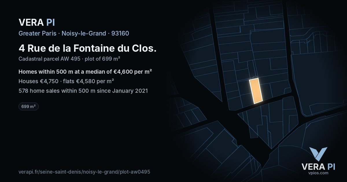 4 Rue de la Fontaine du Clos, Noisy-le-Grand at night – the plot lit, the parcels around coloured by the prices near them