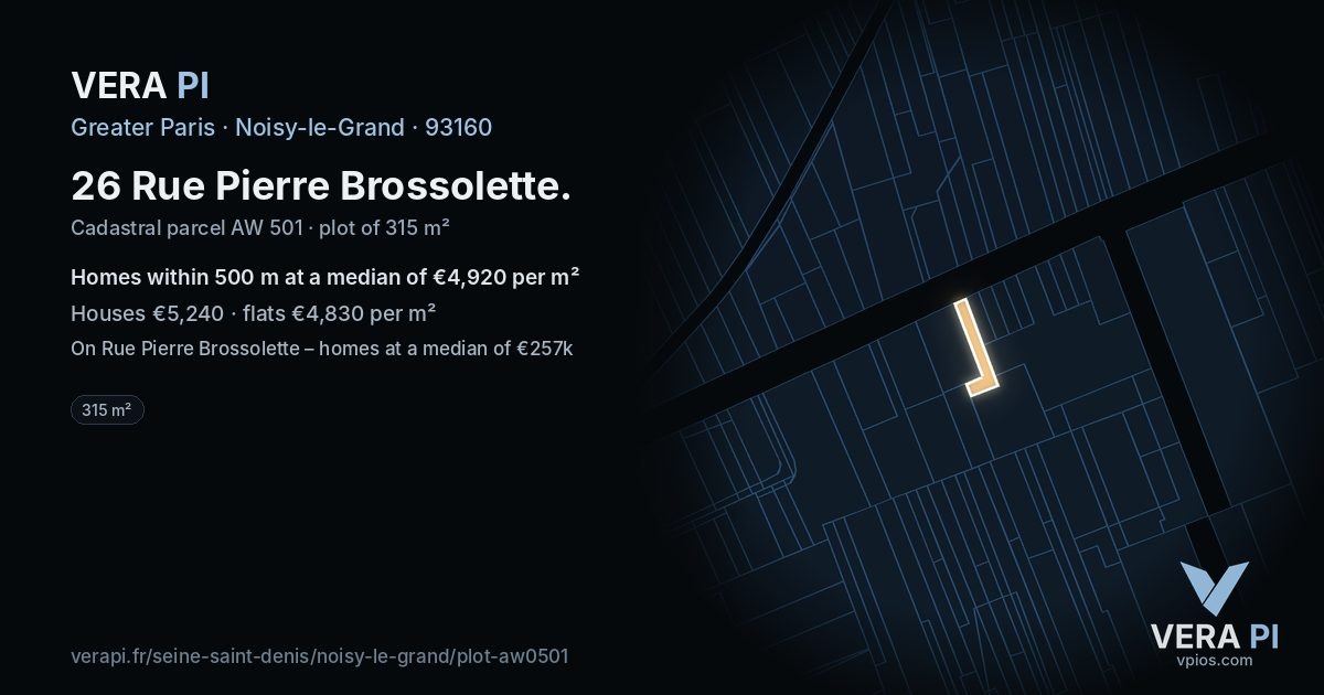 26 Rue Pierre Brossolette, Noisy-le-Grand at night – the plot lit, the parcels around coloured by the prices near them