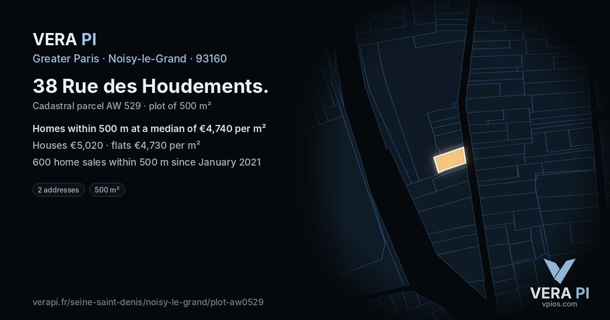38 Rue des Houdements, Noisy-le-Grand at night – the plot lit, the parcels around coloured by the prices near them