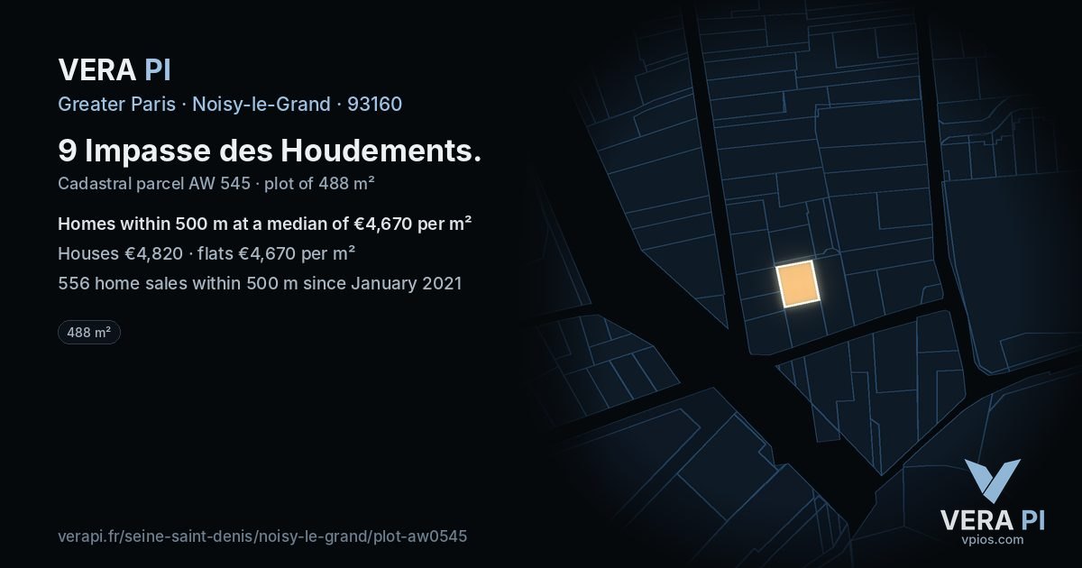 9 Impasse des Houdements, Noisy-le-Grand at night – the plot lit, the parcels around coloured by the prices near them