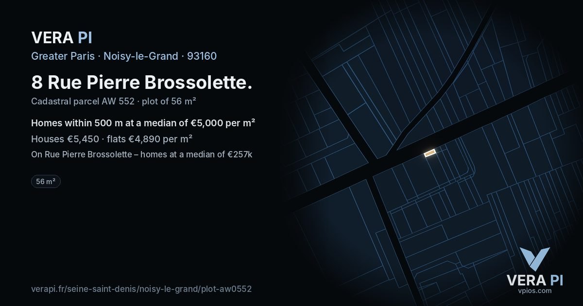 8 Rue Pierre Brossolette, Noisy-le-Grand at night – the plot lit, the parcels around coloured by the prices near them