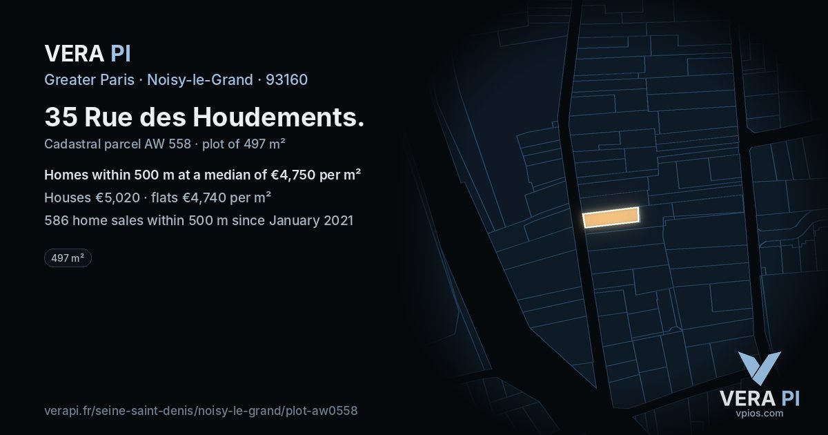 35 Rue des Houdements, Noisy-le-Grand at night – the plot lit, the parcels around coloured by the prices near them