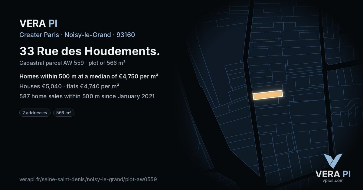 33 Rue des Houdements, Noisy-le-Grand at night – the plot lit, the parcels around coloured by the prices near them