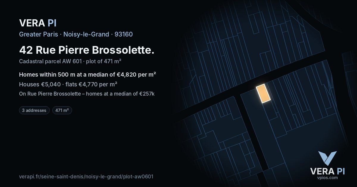 42 Rue Pierre Brossolette, Noisy-le-Grand at night – the plot lit, the parcels around coloured by the prices near them