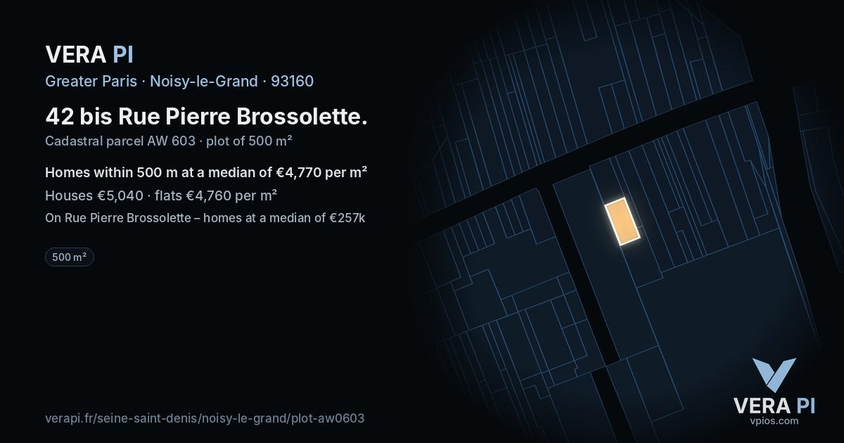 42 bis Rue Pierre Brossolette, Noisy-le-Grand at night – the plot lit, the parcels around coloured by the prices near them