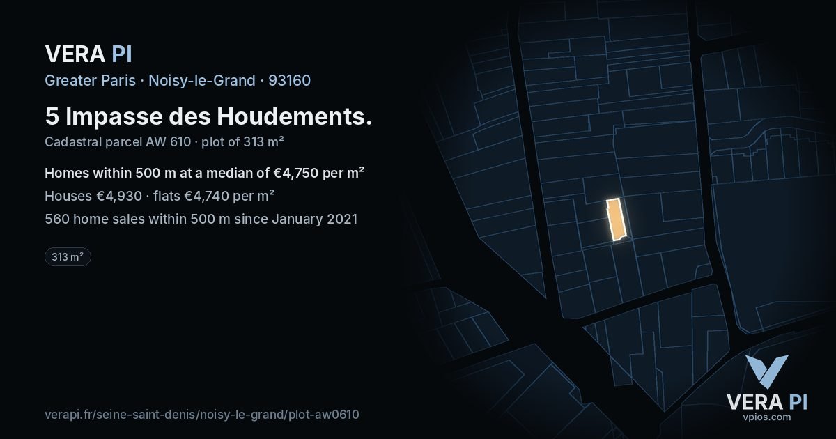 5 Impasse des Houdements, Noisy-le-Grand at night – the plot lit, the parcels around coloured by the prices near them