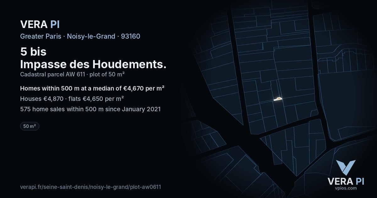 5 bis Impasse des Houdements, Noisy-le-Grand at night – the plot lit, the parcels around coloured by the prices near them