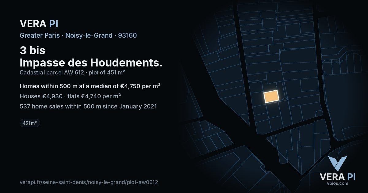 3 bis Impasse des Houdements, Noisy-le-Grand at night – the plot lit, the parcels around coloured by the prices near them