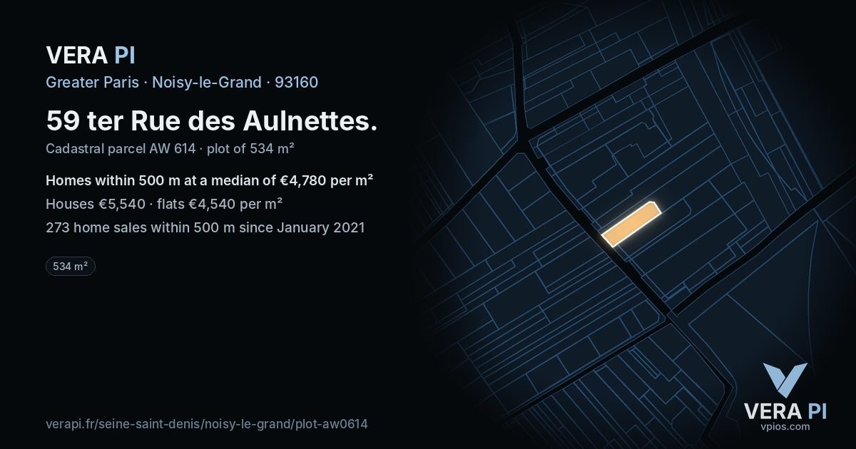 59 ter Rue des Aulnettes, Noisy-le-Grand at night – the plot lit, the parcels around coloured by the prices near them