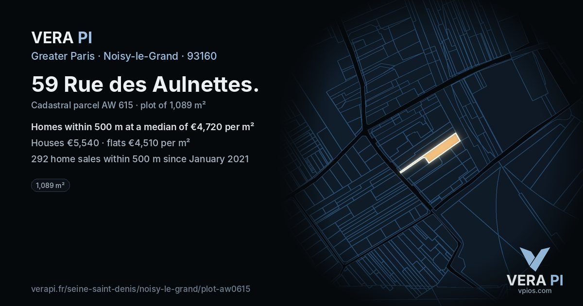 59 Rue des Aulnettes, Noisy-le-Grand at night – the plot lit, the parcels around coloured by the prices near them