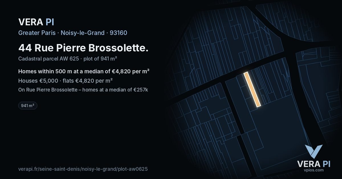 44 Rue Pierre Brossolette, Noisy-le-Grand at night – the plot lit, the parcels around coloured by the prices near them