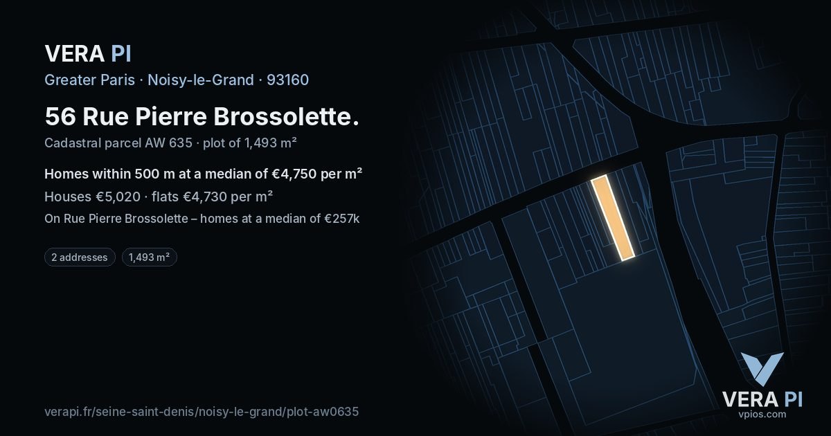 56 Rue Pierre Brossolette, Noisy-le-Grand at night – the plot lit, the parcels around coloured by the prices near them