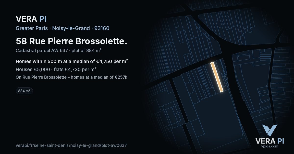 58 Rue Pierre Brossolette, Noisy-le-Grand at night – the plot lit, the parcels around coloured by the prices near them