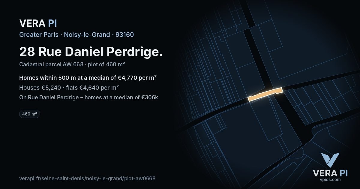 28 Rue Daniel Perdrige, Noisy-le-Grand at night – the plot lit, the parcels around coloured by the prices near them