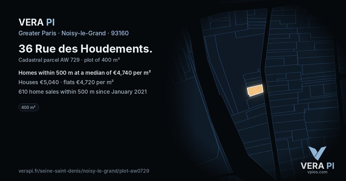 36 Rue des Houdements, Noisy-le-Grand at night – the plot lit, the parcels around coloured by the prices near them