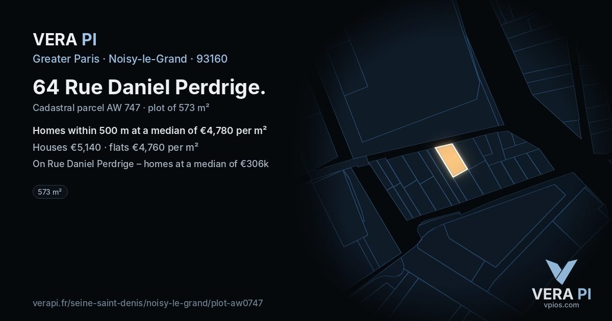 64 Rue Daniel Perdrige, Noisy-le-Grand at night – the plot lit, the parcels around coloured by the prices near them